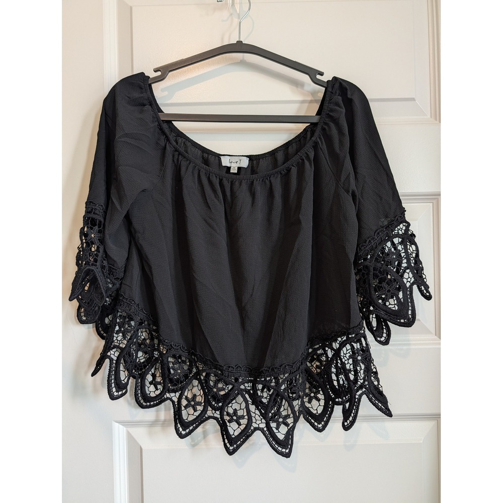Love J Black Off Shoulder Crochet Lace Trim Boho Blouse